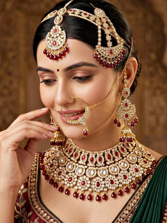 Bridal AD Maroon Stone Heavy Choker Jewellery Set with Sheesh Patti, Nath & Jhumka (3300-M8ZK-1104-M)