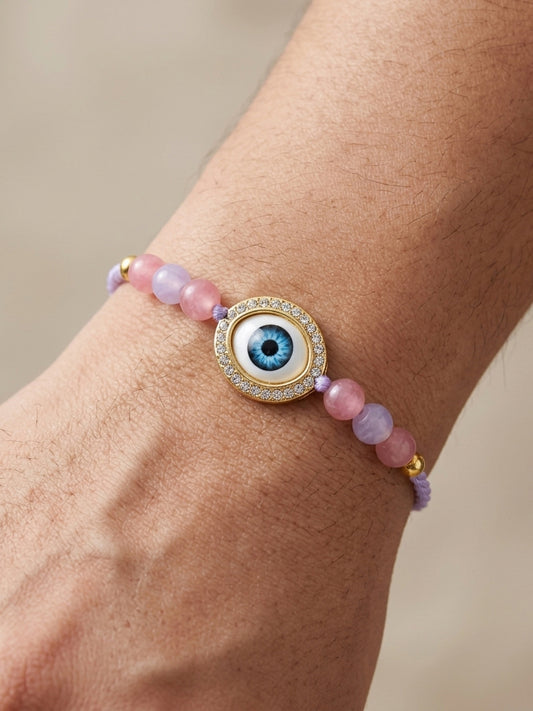 Evil Eye Rakhi for Brother. Protective Charm with Pastel Beads, Roli, Chawal & Card (265-CHR1-1191-P-1-2026)