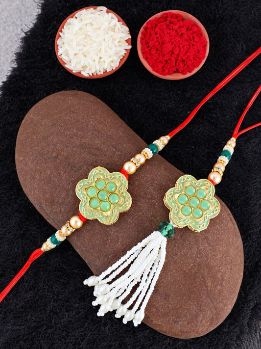 Lucky Jewellery Designer Mint Color Meena Rakhi - Rakshabandhan Rakhee with Pearl Lumba Bracelet for Brother/Bhaiya/Bhai/Bhabhi - Pack of 2 (130-JPCR1-1857-MNT-2)