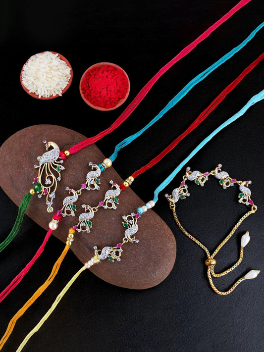 Lucky Jewellery Designer Gold Plated American Diamond (AD) Stone Rakhi - Rakshabandhan Peacock Design Rakhee Lumba Bracelet with Pull Chain for Brother Bhaiya Bhai Bhabhi - Pack of 5 (680-P4R1-1544-5)