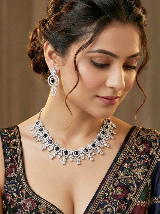 Silver-Tone Black Stone & American Diamond Necklace Set with Earrings for Women – Office, Party & Function Wear (1717-K4SA-2242-BL-S)