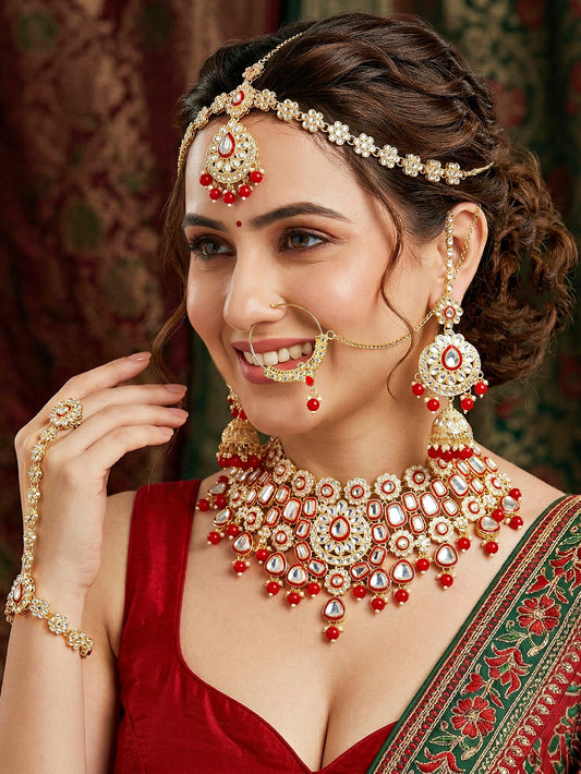 Bridal Kundan Bright Red Choker Jewellery Set with Hathphool & Nath (2541-IZK-554-RED)