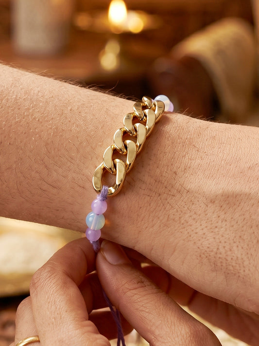 Set of 2 Modern Gold Chain Link Rakhi for Brother with Lavender Beads, Roli Chawal & Card (105-CHR1-1197-2-2026)