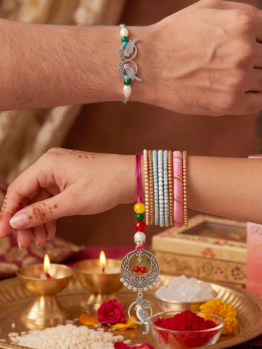 Set of 2 Bhaiya Bhabhi Rakhi Set with Small Bird Pendant, Maroon & Drop Beads, Roli Chawal & Card (108-JPCR1-1952-S-2-2026)