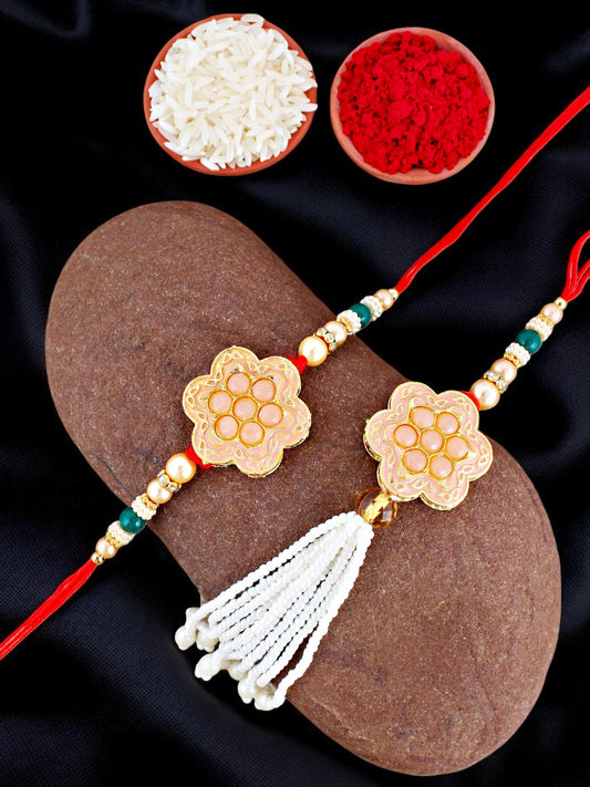 Lucky Jewellery Designer Peach Color Meena Rakhi - Rakshabandhan Rakhee with Pearl Lumba Bracelet for Brother/Bhaiya/Bhai/Bhabhi - Pack of 2 (130-JPCR1-1857-PH-2)