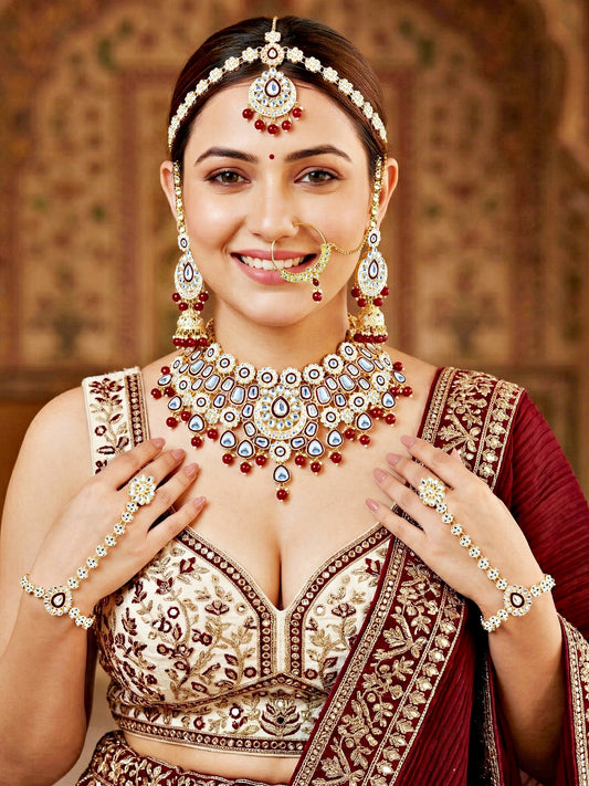 Bridal Kundan Maroon Choker Jewellery Set with Hathphool & Nath (2541-IZK-554-M)