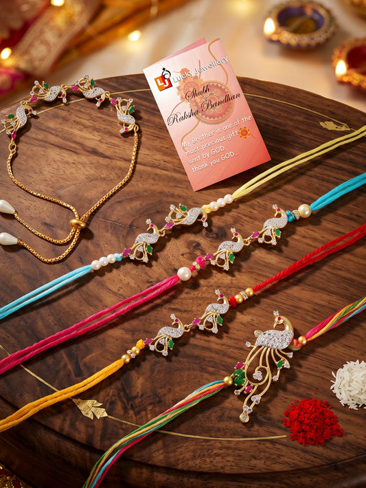 Set of 5 Designer Gold-Toned Peacock Rakhi Set for Brother & Bhabhi, Roli, Chawal & Card (680-P4R1-1544-5-2026)