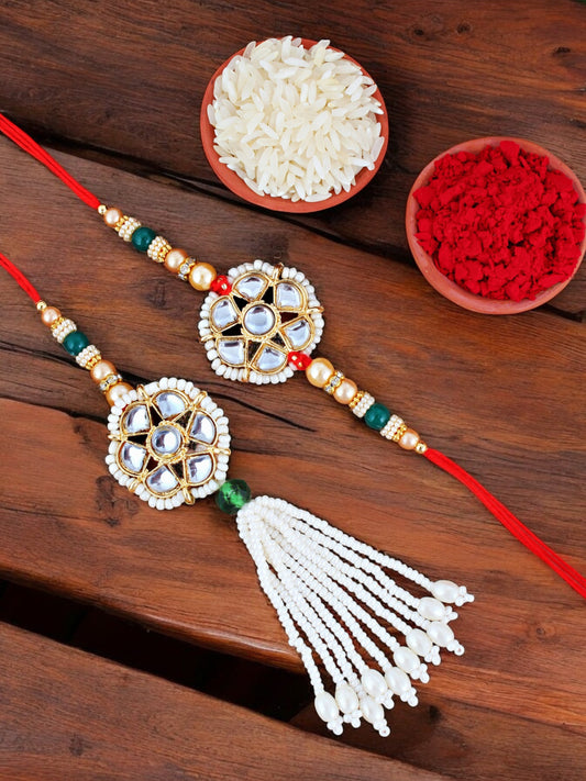 Lucky Jewellery Designer Kundan Floral Rakhi - Rakshabandhan Pearl Rakhee with Lumba Bracelet for Brother/Bhaiya/Bhai/Bhabhi - Pack of 2 (118-JPCR1-1850-2)