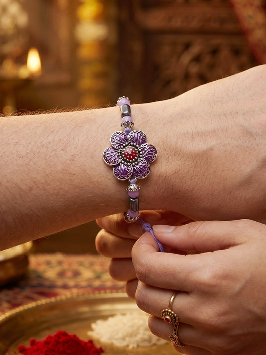 Set of 2 Purple Floral Rakhi for Brother with Silver Accents, Lavender Beads, Roli & Chawal & Card (106-CHR1-1967-P-S-2-2026)