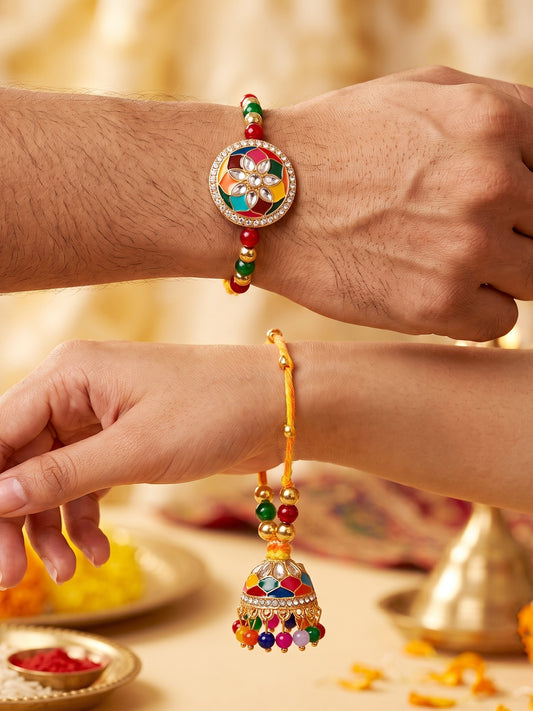 Set of 2 Multicolor Meenakari Bhaiya Bhabhi Rakhi Set With Lumba, Roli, Chawal & Card (325-CHCR1-1152-MT-2-2026)
