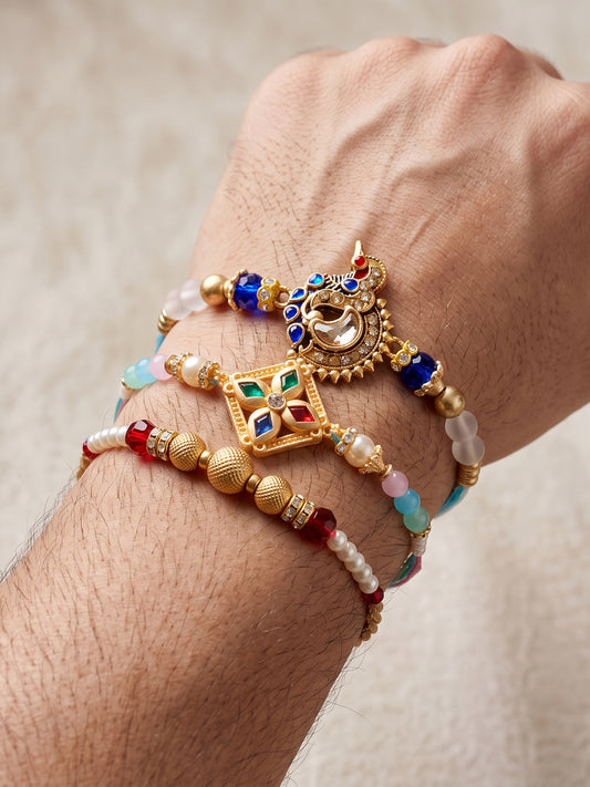 Lucky Jewellery Set of 3 Rakhi with Peacock & Square AD Pendants, Smooth White Beads, Roli Chawal & Card (142-S7R1-2318-3)