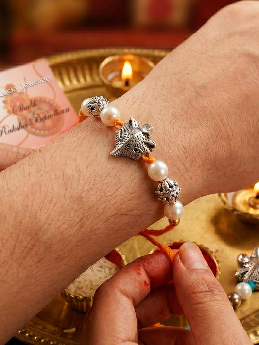 Set of 2 Oxidised Silver Fox Rakhi for Brother with White Beads, Roli Chawal & Card (70-JPR1-1955-2-2026)