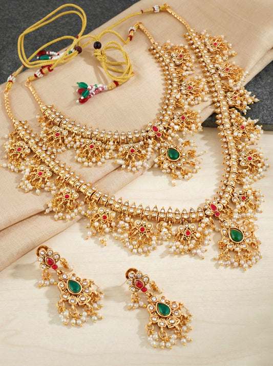Exquisite Indian Ethnic Gold Plated 2-Piece Choker and Long Necklace Set with Pearl Tassels & Matching Earrings for Women - Premium Bridal, Wedding & Festive Wear (2063-ISR-2302-RG)