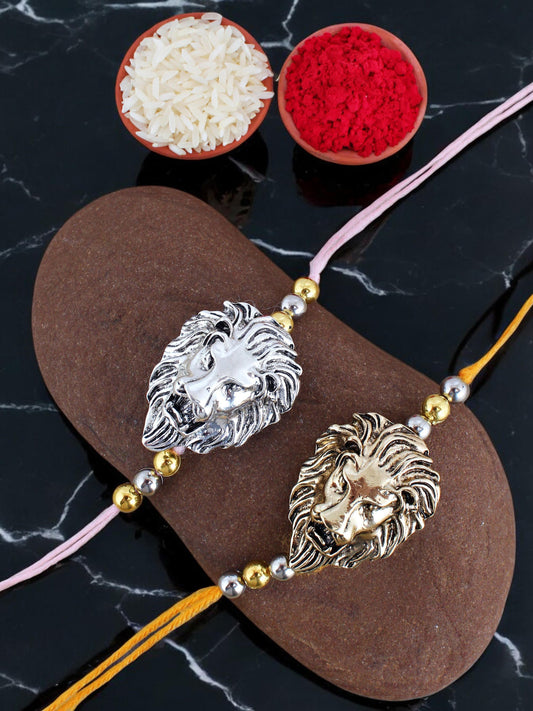 Lucky Jewellery Designer Oxidised Gold and Silver Rakhi - Rakshabandhan Lion Face Design Rakhee Bracelet for Brother Bhaiya Bhai Bhabhi - Pack of 2 (250-CHR1-1175-2)