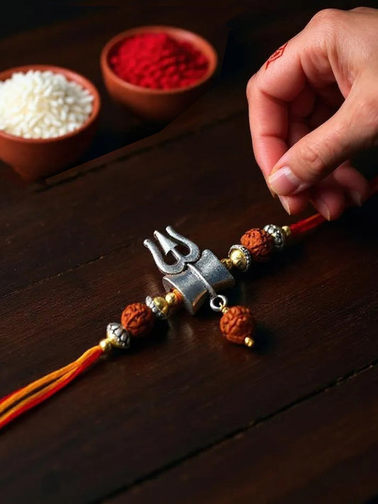 Lucky Jewellery Designer Oxidised Silver Religious Shiva Rakhi - Rakshabandhan Immitation Rudraksh Rakhee Bracelet for Brother/Bhaiya/Bhai/Bhabhi - Pack of 1 (78-JPR1-1972-S-1)