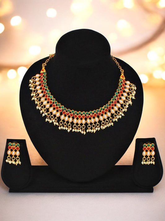 Gold Plated Beaded Choker Necklace Set with Earrings for Women and Girls