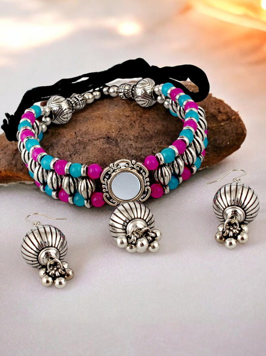 Navratri, Dandiya Garba Festival Jewellery Beads Choker Necklace with Earring