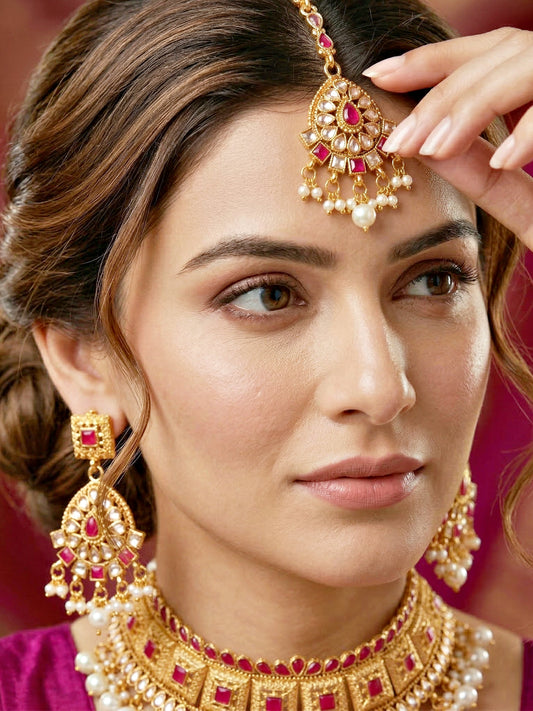 Lucky Jewellery Gold-Plated Ruby Color Choker Necklace Set (866-G2SR-006-R)