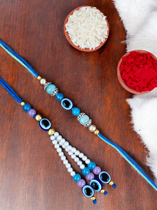 Lucky Jewellery Designer Blue Color Evil Eye Rakhi - Rakshabandhan Rakhee with Lumba Bracelet for Brother/Bhaiya/Bhai/Bhabhi - Pack of 4 (116-J5R1-1991-EE-4)