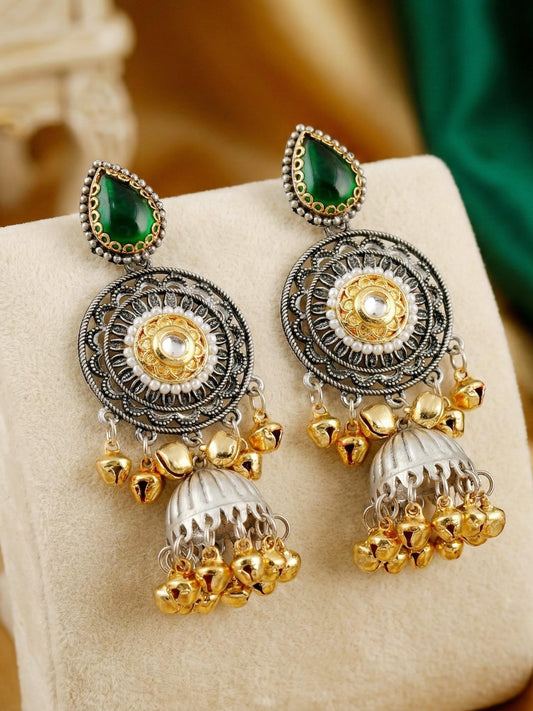 LUCKY JEWELLERY Dual Tone Oxidized Silver Jhumka Earrings with Green Stone & Golden Ghungroo | Kashmiri Style Traditional Jhumki Earrings for Girls & Women | Festive & Gift Wear