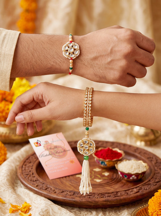 Set of 2 Bhaiya Bhabhi Rakhi Set with Floral Kundan, Green & White Beads, Tassel Lumba, Roli Chawal (118-JPCR1-1850-2-2026)