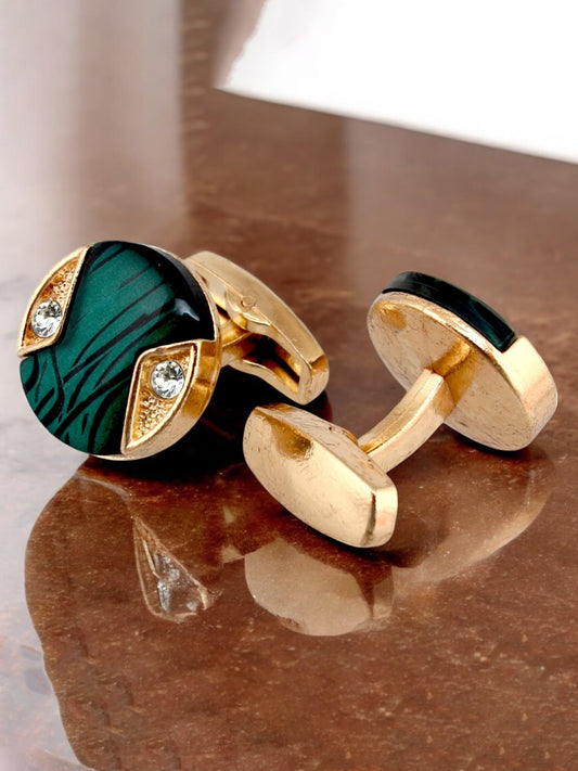 LUCKY JEWELLERY Unique Men Jewelry | 18k Gold Plated Green Enamel Sleeve Button Formal Cufflinks | Wedding Shirt Button, Suit, Blazer Cufflinks Pair Set | Valentine Gift For Men