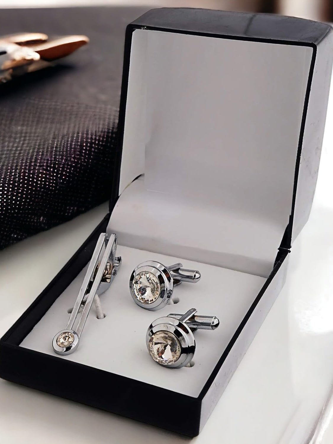 Lucky Jewellery Unique Men Jewelry White Stone Gold Plated Sleeve Button Formal Cuff Button Wedding Shirt Button, Suit, Blazer Cufflinks with Matching Tie Pin Gift Set for Men (307-M4C5-CR10MMT-W-S)