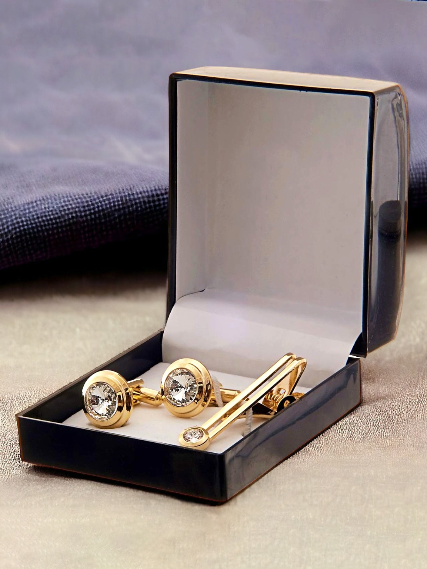 Lucky Jewellery Unique Men Jewelry White Stone Gold Plated Sleeve Button Formal Cuff Button Wedding Shirt Button, Suit, Blazer Cufflinks with Matching Tie Pin Gift Set for Men (307-M4C5-CR10MMT-W)