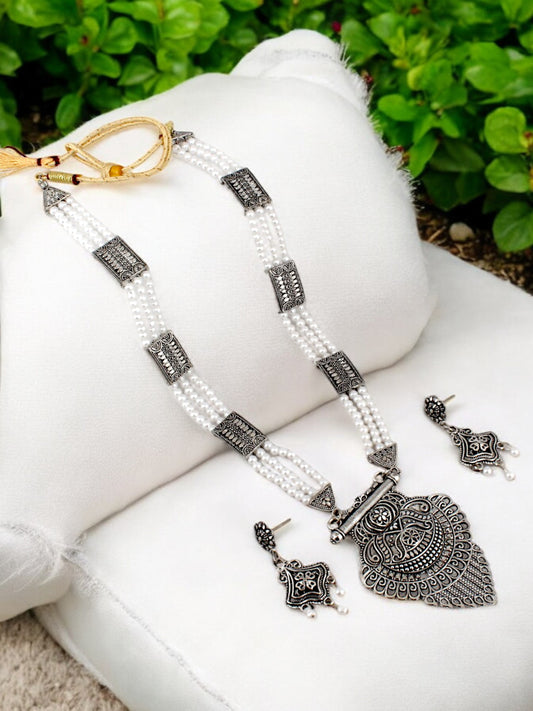 Trendy Oxidised Plating Locket Chain with Earrings Long Pendant Set (322-M7SO-2056)