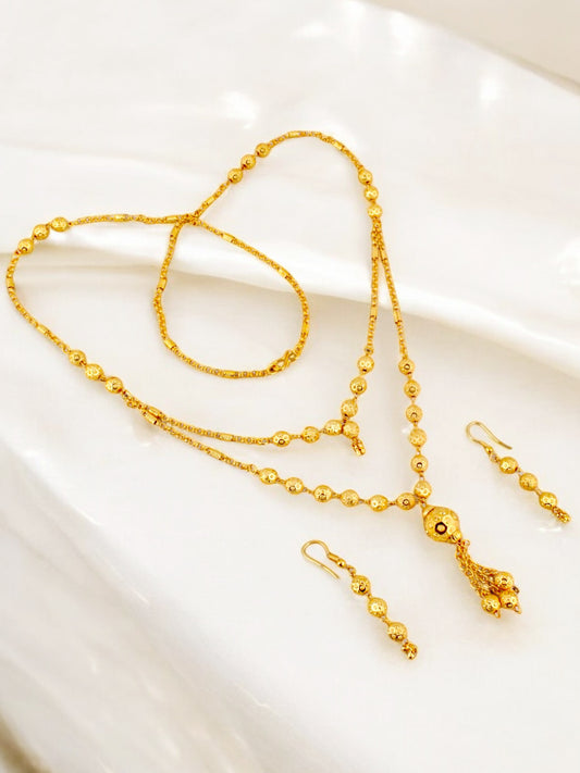 18K Gold-Plated Necklace with Earrings Double Line Tasseled Pendant Set (327-M7SG-2060)