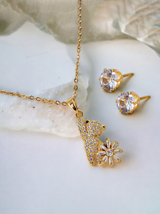Trendy Gold Plated Teddy Bear With Spinabble Flower Pendant Chain With Studs