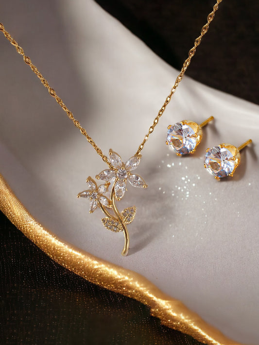 Trendy Gold Plated Floral Pendant Chain With Studs
