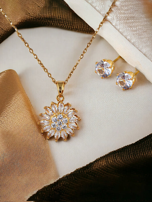 Trendy Gold Plated Spin Flower Pendant Chain With Studs