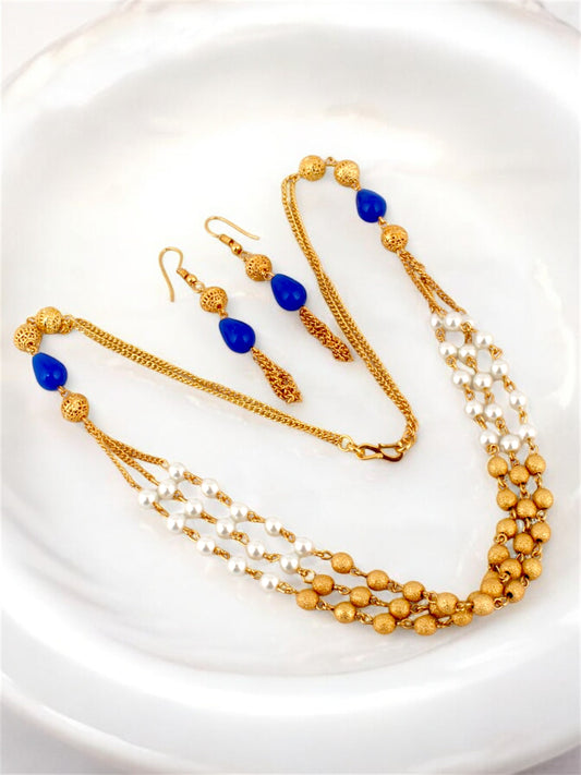 18K Gold-Plated Necklace with Earrings Fashionable Blue Color Set (347-M7SG-2061-B)