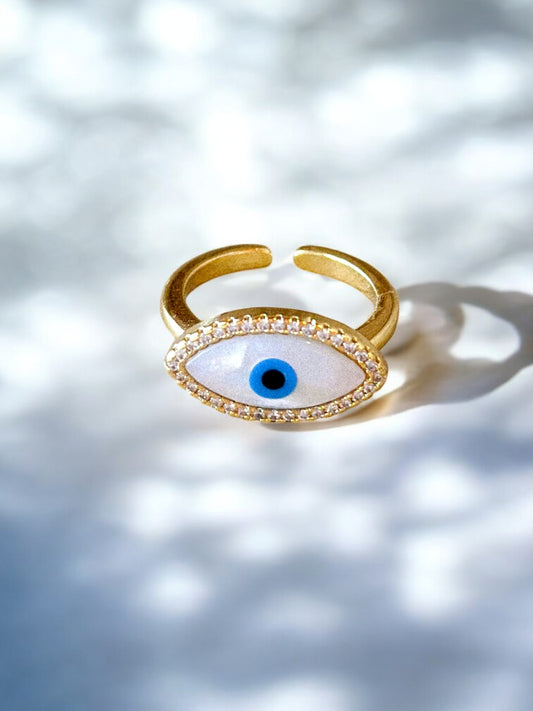 18K Gold-Plated Adjustable Finger Rings | Trendy White Oval Blue Evil Eye Ring with Stones (350-CHFA-1039)