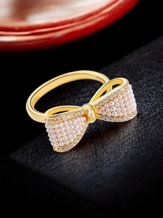 18K Gold-Plated Adjustable Finger Rings | Elegant Bow Design Ring Studded with Beads & Stones (350-CHFA-1046)