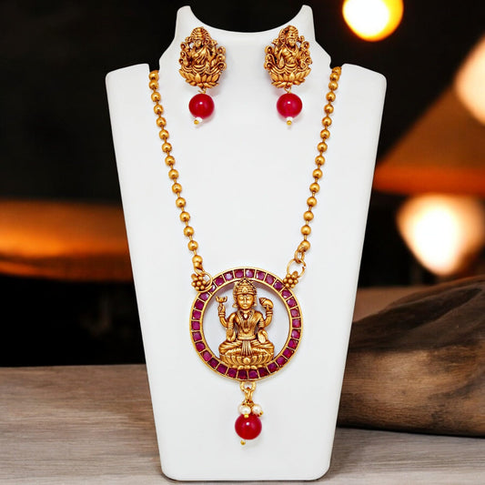 Trendy Gold Plated Goddess Laxmi Temple Jewelry Necklace with Earrings Pendant Earring Set (350-KSO-13041-R)