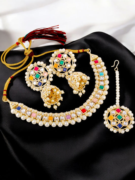 Trendy Gold-Plated Multi-Color Kundan Beaded Choker Necklace Set (380-SSK-5120A-MT)