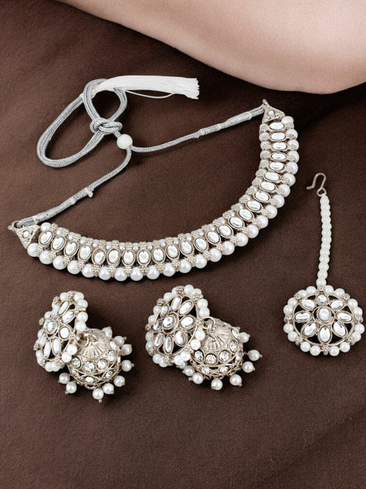 Trendy Silver Plated Kundan Beaded Choker Necklace Set (380-SSK-5120B-W-S)