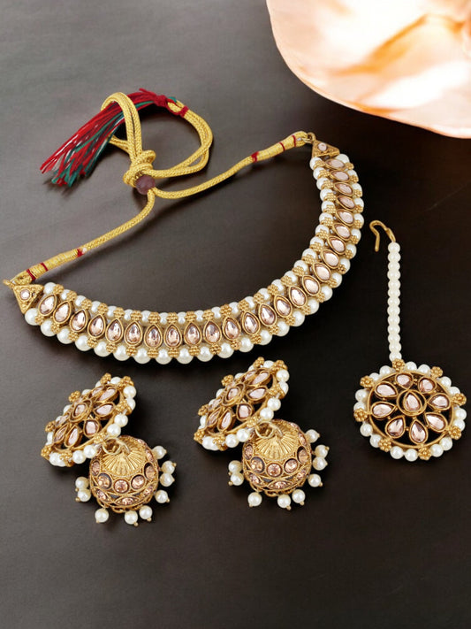18K Gold Plated Kundan Beaded Choker Necklace Set (380-SSK-5120C-LCT)