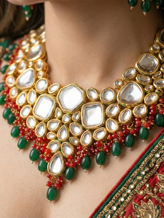 18 KT Gold Plated Red Green Kundan Bridal & Semi-Bridal Necklace Set with Earrings & Maang Tikka (3947-J5SK-1574-REDG)