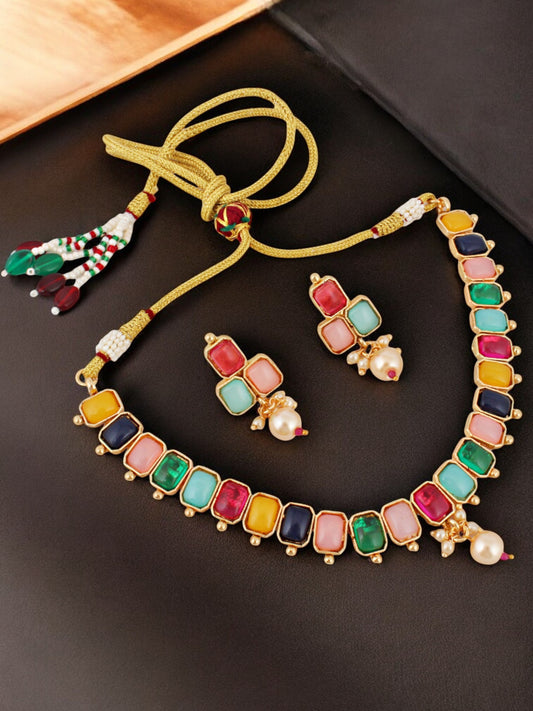 Gold Plated Multi Color Choker Necklace Set with Earrings for Women & Girls