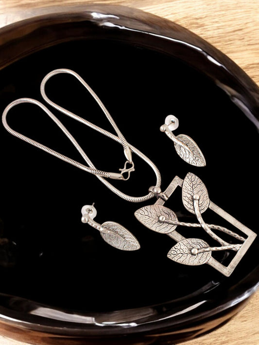 Trendy Oxidised Jewelry Necklace with Earrings Leaf Design Pendant and Earring Set For Women & Girls (416-KSO-14730-S)