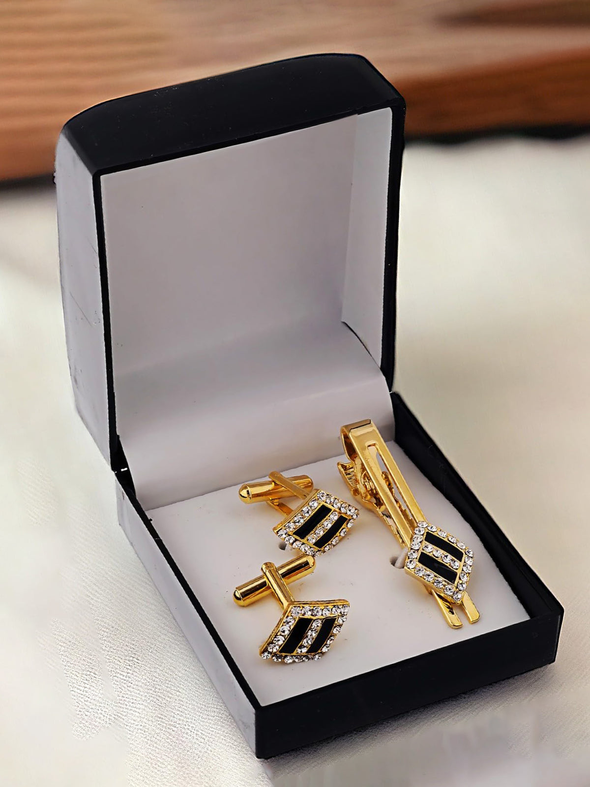 Lucky Jewellery Unique Men Jewelry Stone Gold Plated Black Sleeve Button Formal Cuff Button Wedding Shirt Button, Suit, Blazer Cufflinks with Matching Tie Pin Gift Set for Men (416-M4C5-A5490-W-BL)