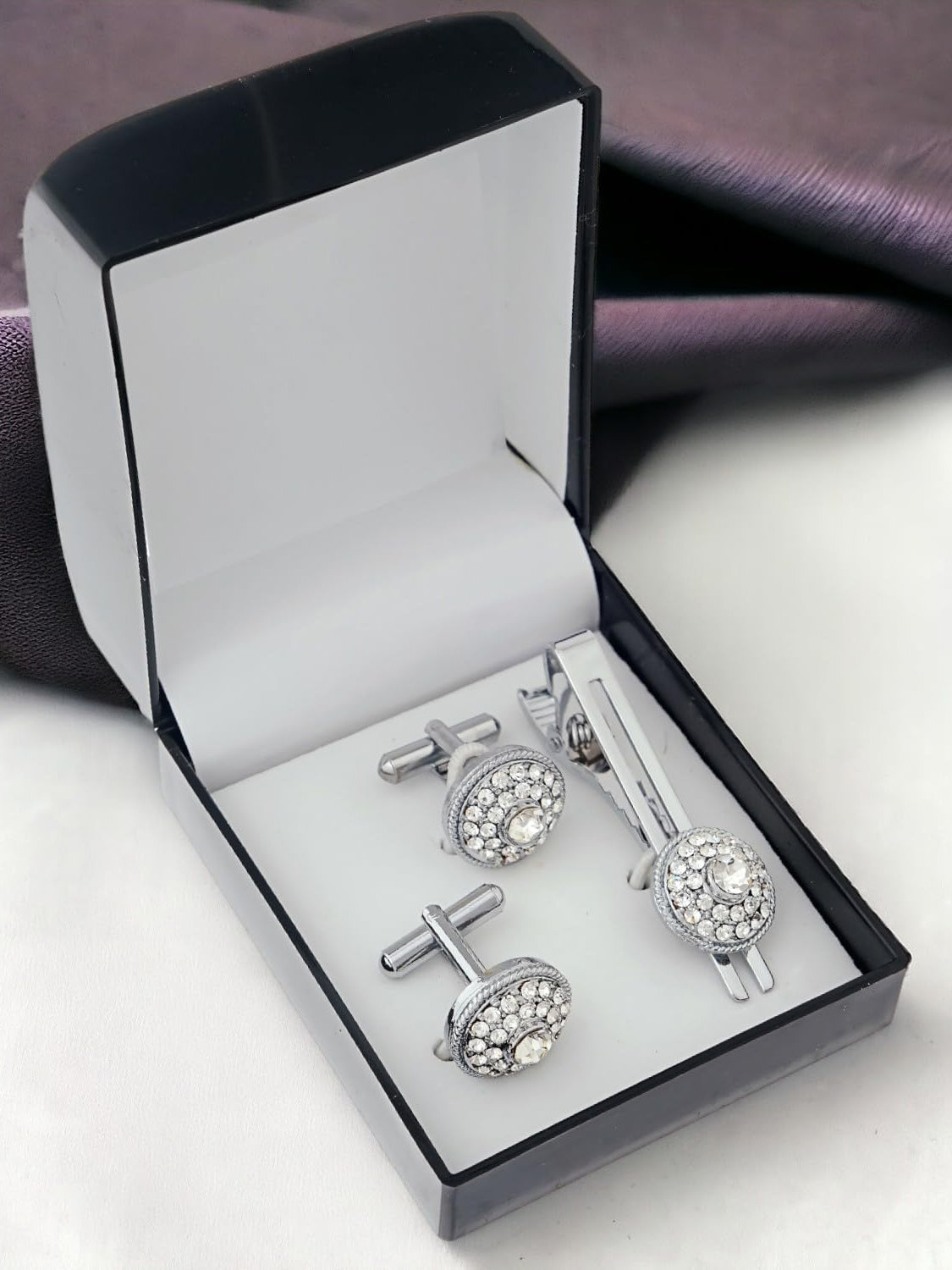 Lucky Jewellery Unique Men Jewelry Stone Silver Plated Black Sleeve Button Formal Cuff Button Wedding Shirt Button, Suit, Blazer Cufflinks with Matching Tie Pin Gift Set For Men (416-M4C5-CRA5281-W-S)