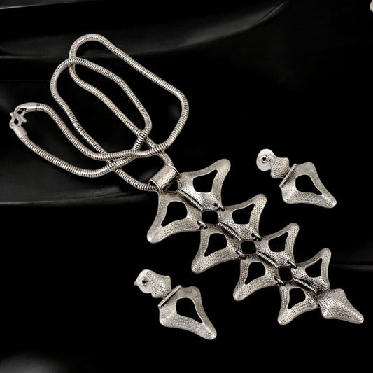 Silver Oxidised Jewelry Necklace with Earrings Trendy Long Necklace Jewellery and Earring Set (429-KSO-15009-S)