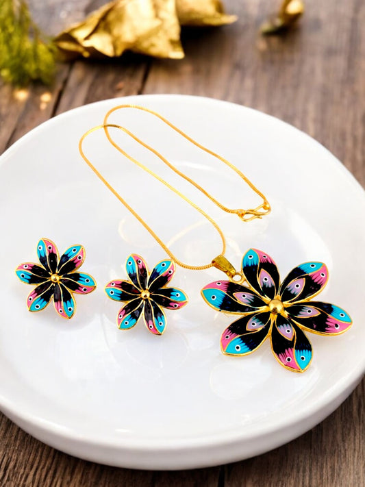 18K Gold-Plated Locket Chain with Earrings Meenakari Pendant Set (437-M7L1G-2068-BLPKF)