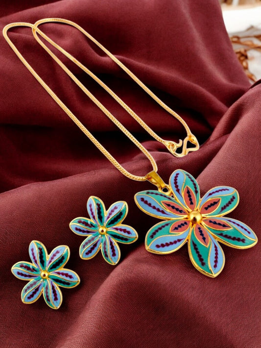 18K Gold-Plated Locket Chain with Earrings Meenakari Pendant Set (437-M7L1G-2068-PKF)