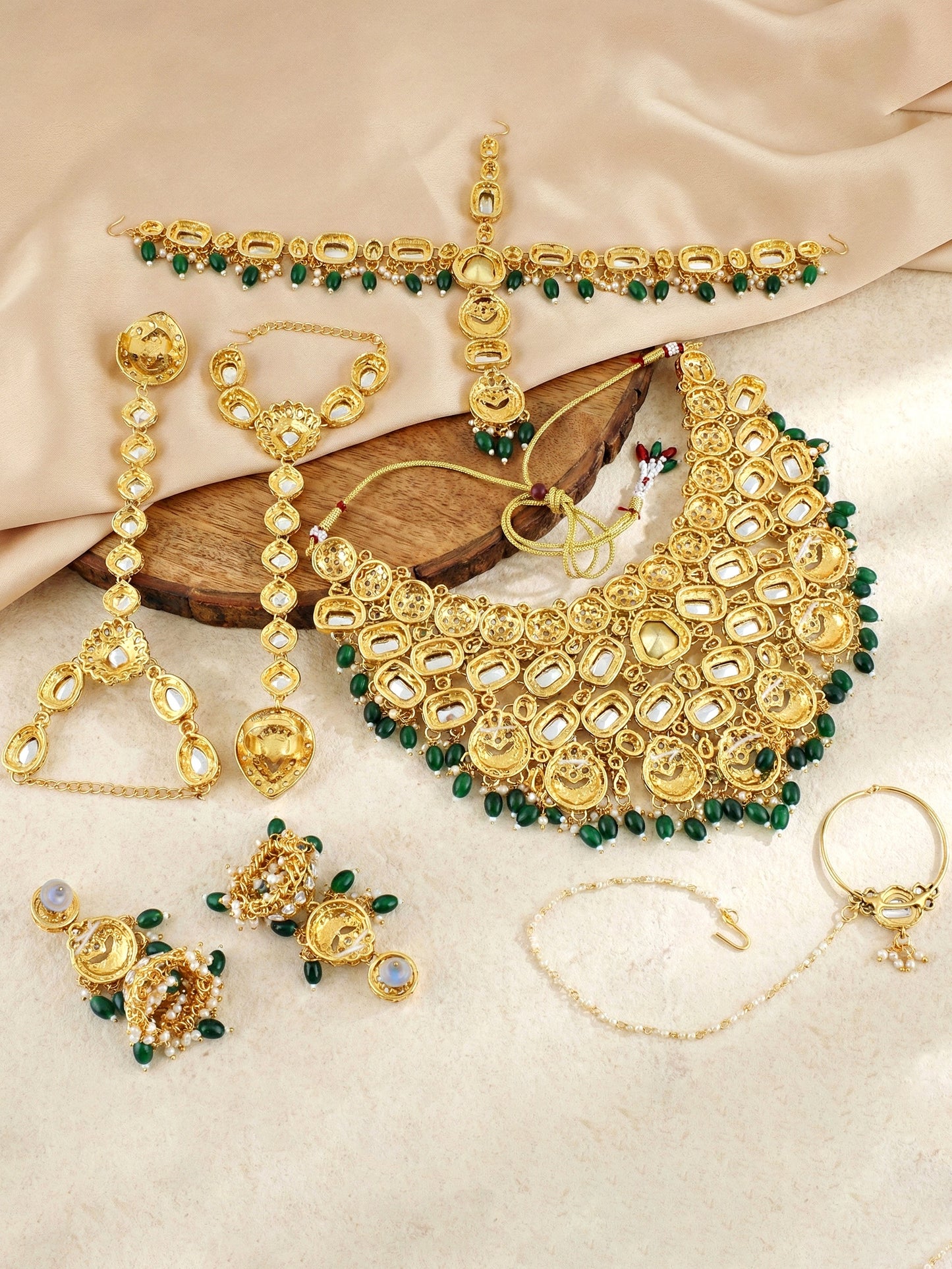 LUCKY JEWELLERY Gold Plated Kundan Green Beads Bridal Jewellery Set Traditional Designer Statement Set (4554-IZS-0003-G)