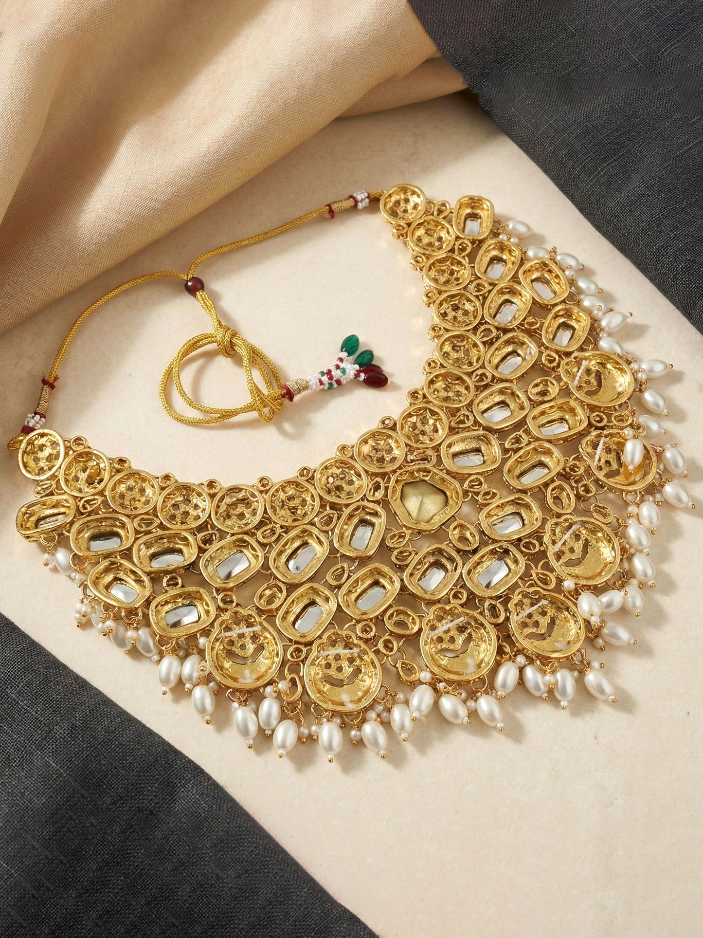LUCKY JEWELLERY Gold Plated Kundan White Beads Bridal Jewellery Set Traditional Designer Statement Set (4554-IZS-0003-W)